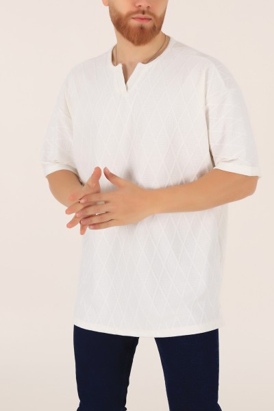 Beyaz Triko Dokulu Oversize Erkek Tişört 169613