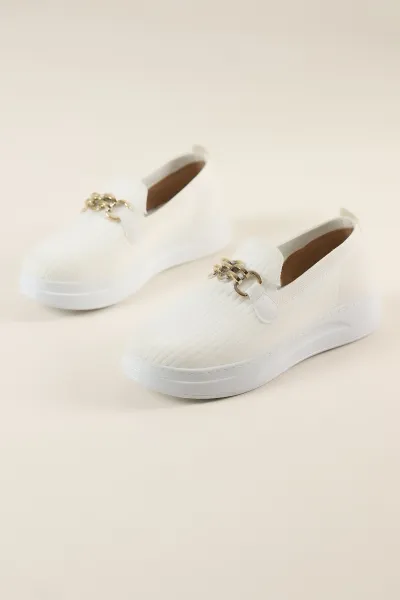 Beyaz Triko Gold Tokalı Loafer Ayakkabı 263743