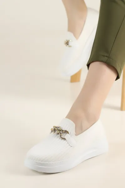 Beyaz Triko Gold Tokalı Loafer Ayakkabı 263743