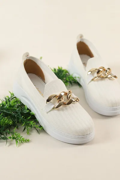 Beyaz Triko Gold Tokalı Loafer Ayakkabı 263753