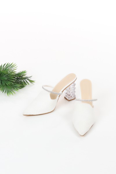 Beyaz Triko Taş Detay Topuklu Ayakkabı 121271