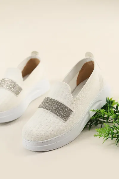 Beyaz Triko Taş Tasarım Loafer Ayakkabı 263759