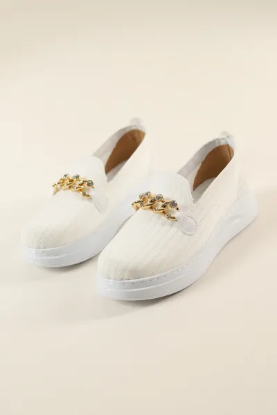 Beyaz Triko Taş Tokalı Loafer Ayakkabı 264089
