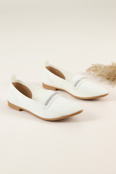 Beyaz Triko Taşlı Babet Ayakkabı 182838