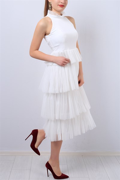 Beyaz Tül Fırfırlı Bayan Elbise 13005B