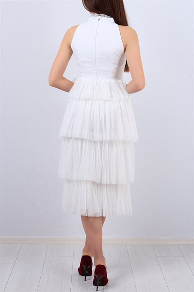 Beyaz Tül Fırfırlı Bayan Elbise 13005B