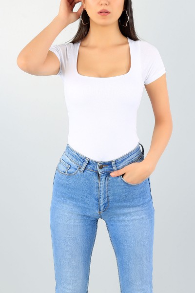 Beyaz U Yaka Likralı Bayan Bluz 58771