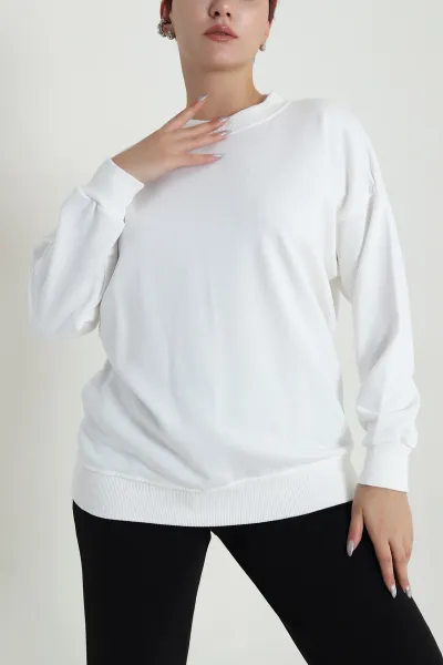 Beyaz Üç İp Bisiklet Yaka Kadın Sweat 483668
