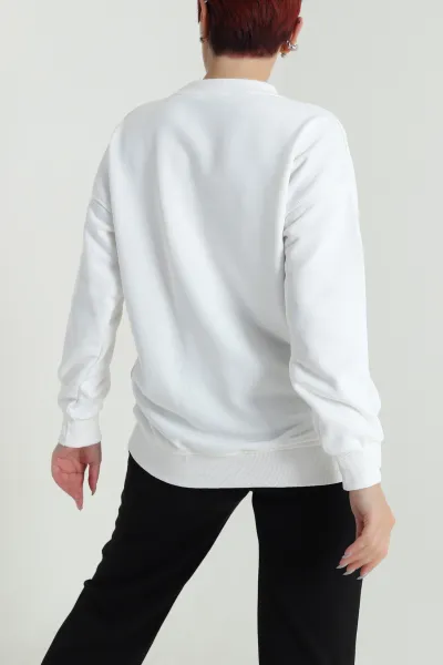 Beyaz Üç İp Bisiklet Yaka Kadın Sweat 483668