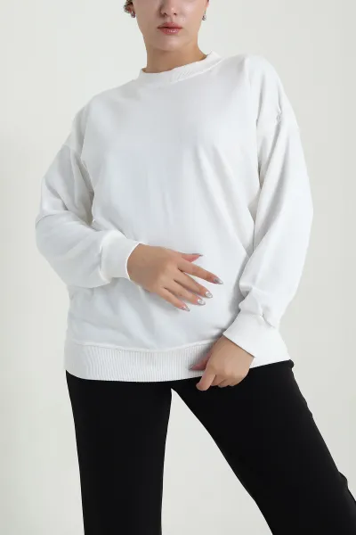Beyaz Üç İp Bisiklet Yaka Kadın Sweat 483668