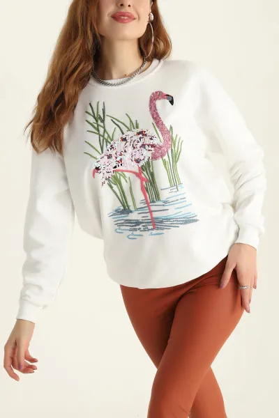 Beyaz Üç İp Pullu Nakışlı Bayan Sweat 306251