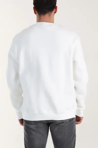 Beyaz Üç İp Şardonlu Bisiklet Yaka Erkek Sweatshirt 410910
