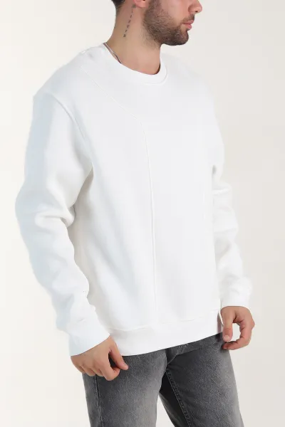 Beyaz Üç İp Şardonlu Bisiklet Yaka Erkek Sweatshirt 410910