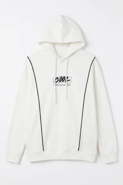 Beyaz Üç İp Şardonlu Kapüşonlu Erkek Sweatshirt 500076