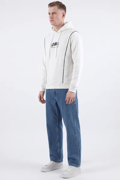Beyaz Üç İp Şardonlu Kapüşonlu Erkek Sweatshirt 500076