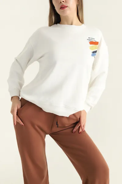 Beyaz Üç İp Taşlı Baskılı Bayan Sweat 306177