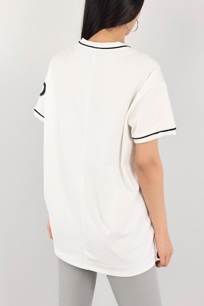 Beyaz V Yaka Baskılı Oversize Tişört 110547