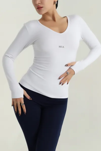 Beyaz V Yaka Baskılı Oysho Kadın Bluz 406734