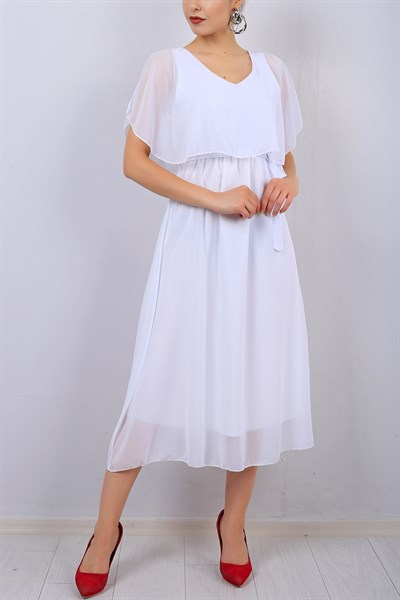 Beyaz V Yaka Bayan Şifon Elbise 14713B