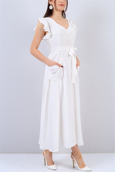 Beyaz V Yaka Cep Detay Bayan Elbise 15111B