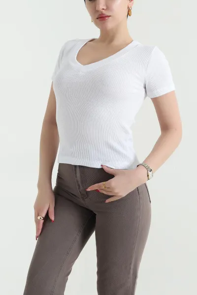 Beyaz V Yaka Fitilli Kadın Bluz 441330