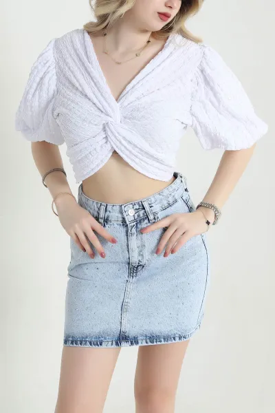 Beyaz V Yaka Gofre Kadın Crop 456753