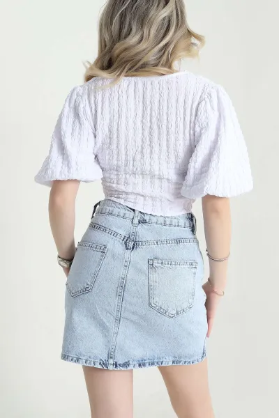 Beyaz V Yaka Gofre Kadın Crop 456753