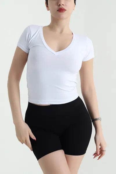 Beyaz V Yaka Kısa Kol Kadın Body 439579