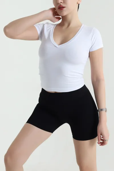 Beyaz V Yaka Kısa Kol Kadın Body 439579