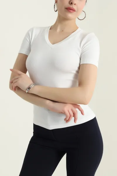 Beyaz V Yaka Likralı Kadın Bluz 437223