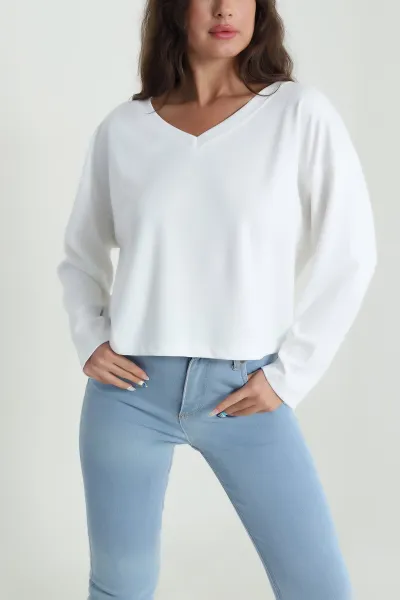 Beyaz V Yaka Modal Kadın Bluz 483081