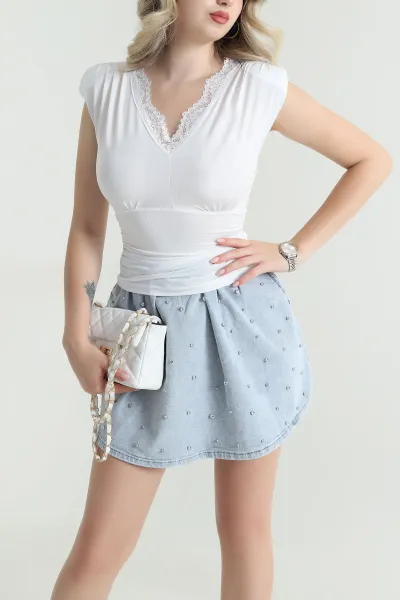 Beyaz Vatkalı Dantelli Kadın Sandy Bluz 465556