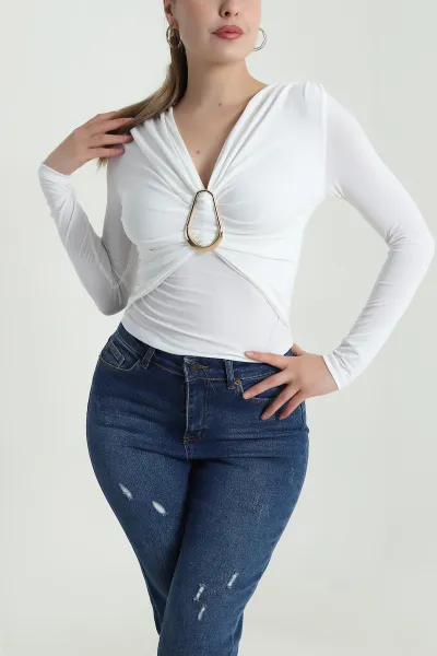 Beyaz Vatkalı Tokalı Sandy Kadın Bluz 484957