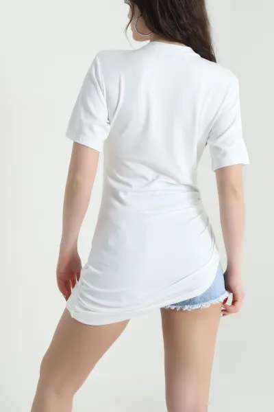 Beyaz Vatkalı Yanı Büzgülü Modal Kadın Bluz 451618