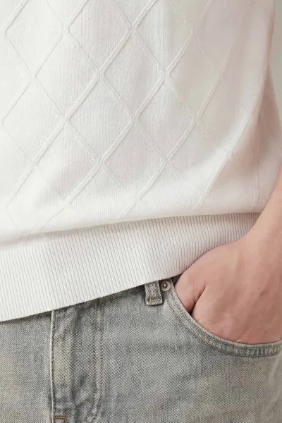 Beyaz Viskon Triko Yarım Fermuarlı Erkek Tişört 449353
