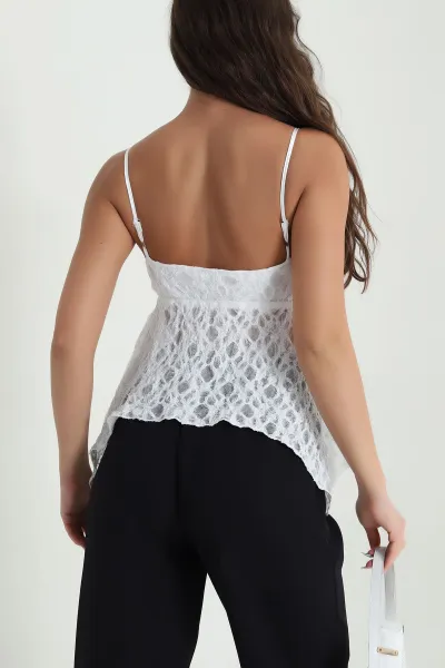 Beyaz Volanlı Askılı Kadın Tül Brode Bluz 469558