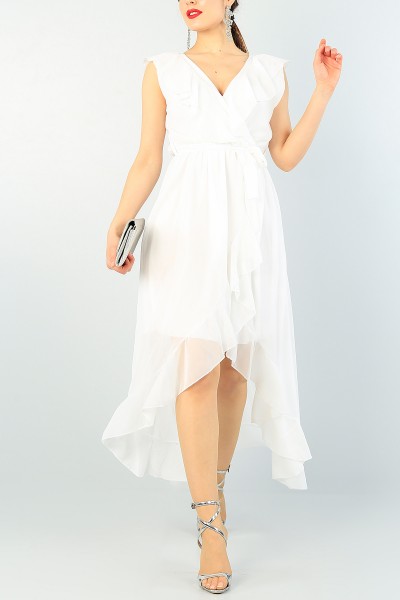 Beyaz Volanlı Kemerli Şifon Elbise 62458