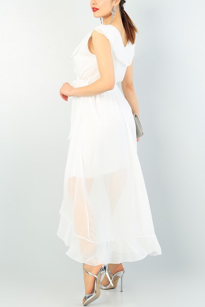 Beyaz Volanlı Kemerli Şifon Elbise 62458