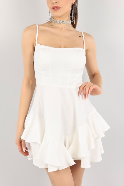 Beyaz Volanlı Tasarım Destekli Elbise 104394