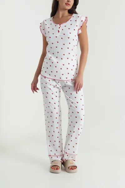 Beyaz Yaka Düğmeli Bürümcük Kadın Pijama Takımı 479569