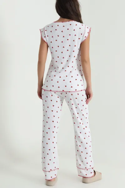 Beyaz Yaka Düğmeli Bürümcük Kadın Pijama Takımı 479569