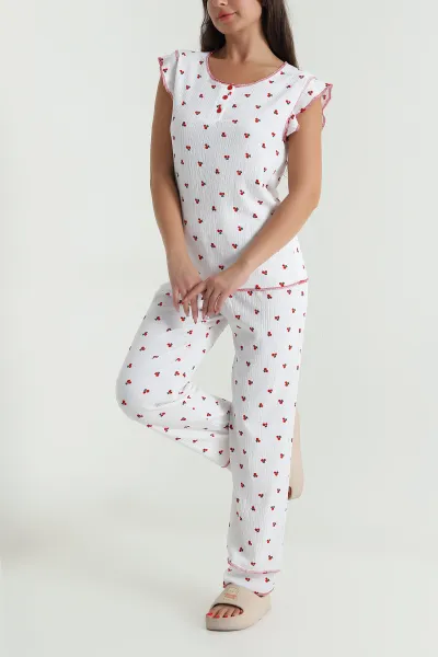 Beyaz Yaka Düğmeli Bürümcük Kadın Pijama Takımı 479569