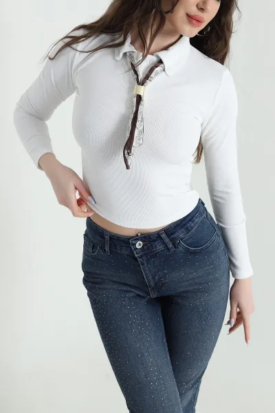Beyaz Yaka Fularlı Ottoman Kadın Bluz 446707