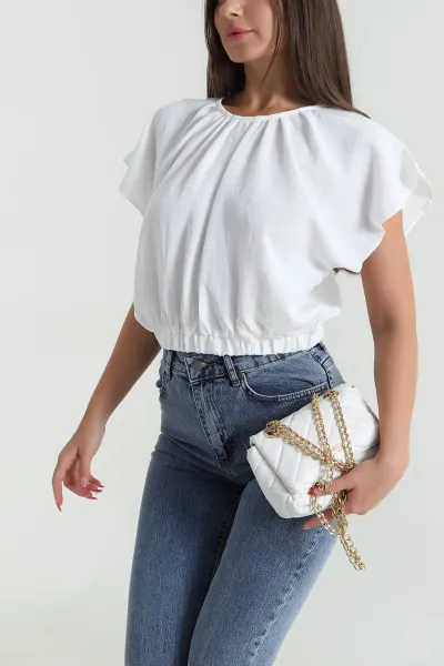 Beyaz Yaka Pileli Beli Lastikli Kadın Bluz 473706