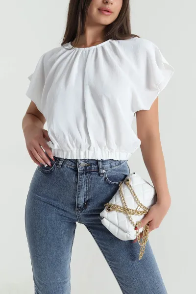 Beyaz Yaka Pileli Beli Lastikli Kadın Bluz 473706