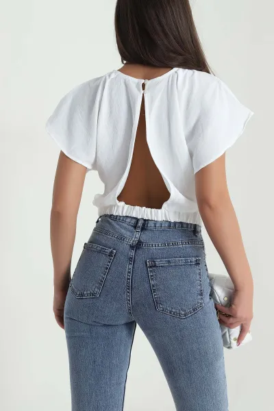 Beyaz Yaka Pileli Beli Lastikli Kadın Bluz 473706