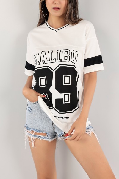 Beyaz Yaka Ribanalı Oversize Bayan Tişört 121789