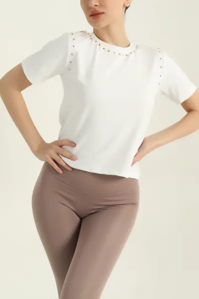 Beyaz Yaka ve Kolları Taşlı Oysho Tişört 358453