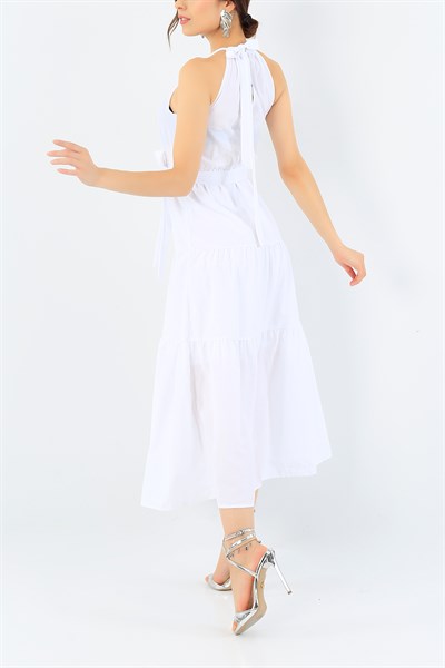 Beyaz Yakası Bağlamalı Viskon Elbise 37873