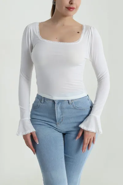 Beyaz Yakası Dantelli Sandy Kadın Bluz 488836